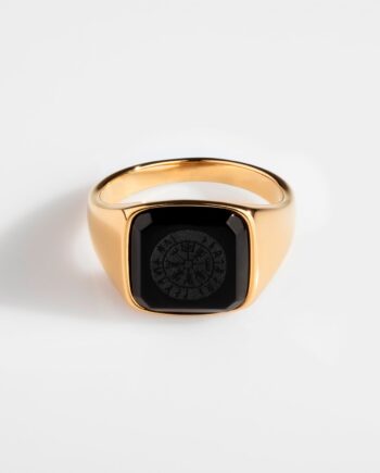 Black Onyx Vegvisir Signature Guldtonet Ring Str    Herre Northern Legacy