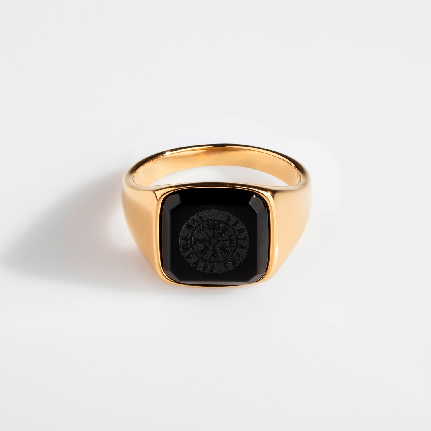Black Onyx Vegvisir Signature Guldtonet Ring Str    Herre Northern Legacy