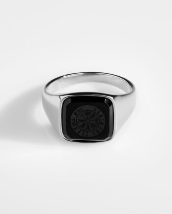 Black Onyx Vegvisir Signature Sølvtonet Ring Str    Herre Northern Legacy