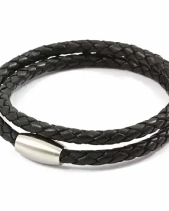 Armbånd   Sort Læder Med Mat Stål