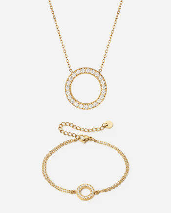 Circle Zirkon Halskæde 20mm   Armbånd 12mm 18k Guldbelagt