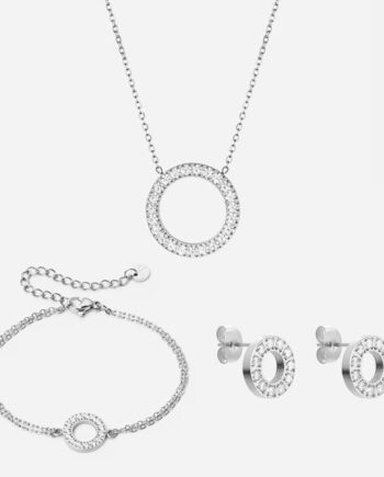 Circle Zirkon Halskæde 20mm  Armbånd 12mm Sølvfarvet   øreringe 10mm Sølvfarvet