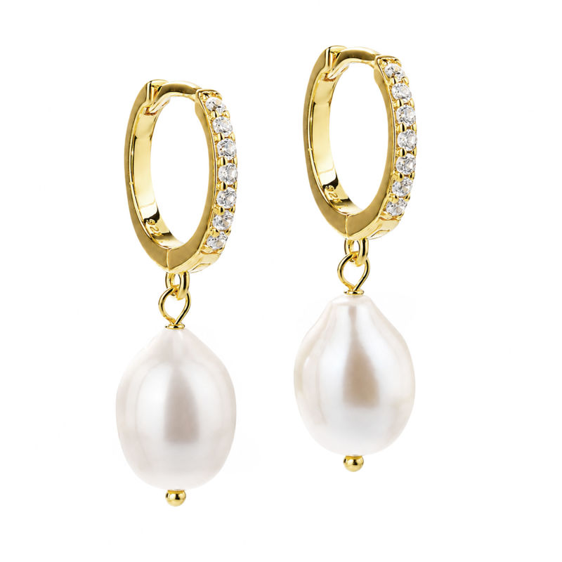 Darling Pearl Big  13 Mm  Klik Creoler   Forgyldt Sterling Sølv Med Klare Zirkonia   12 Mm  Ferskva