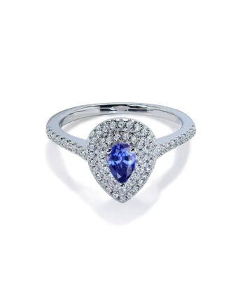 Delphi Blå Pear Cut Forlovelsesring Med Dobbelt Diamant Halo