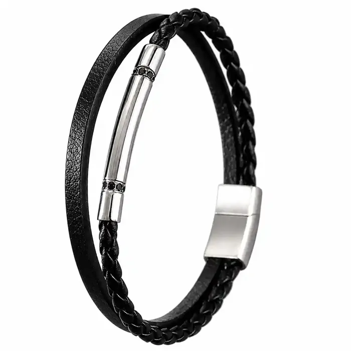 Atlas   Sort Læderarmbånd Med Blanke Ståldetaljer