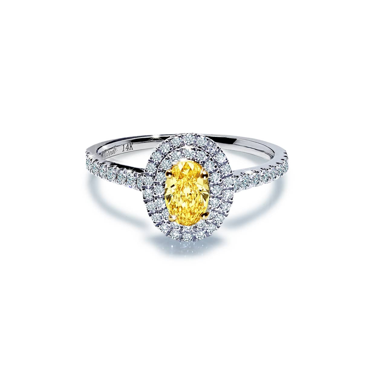 Bliss Gul Forlovelsesring Med Safir Og Dobbelt Diamant Halo