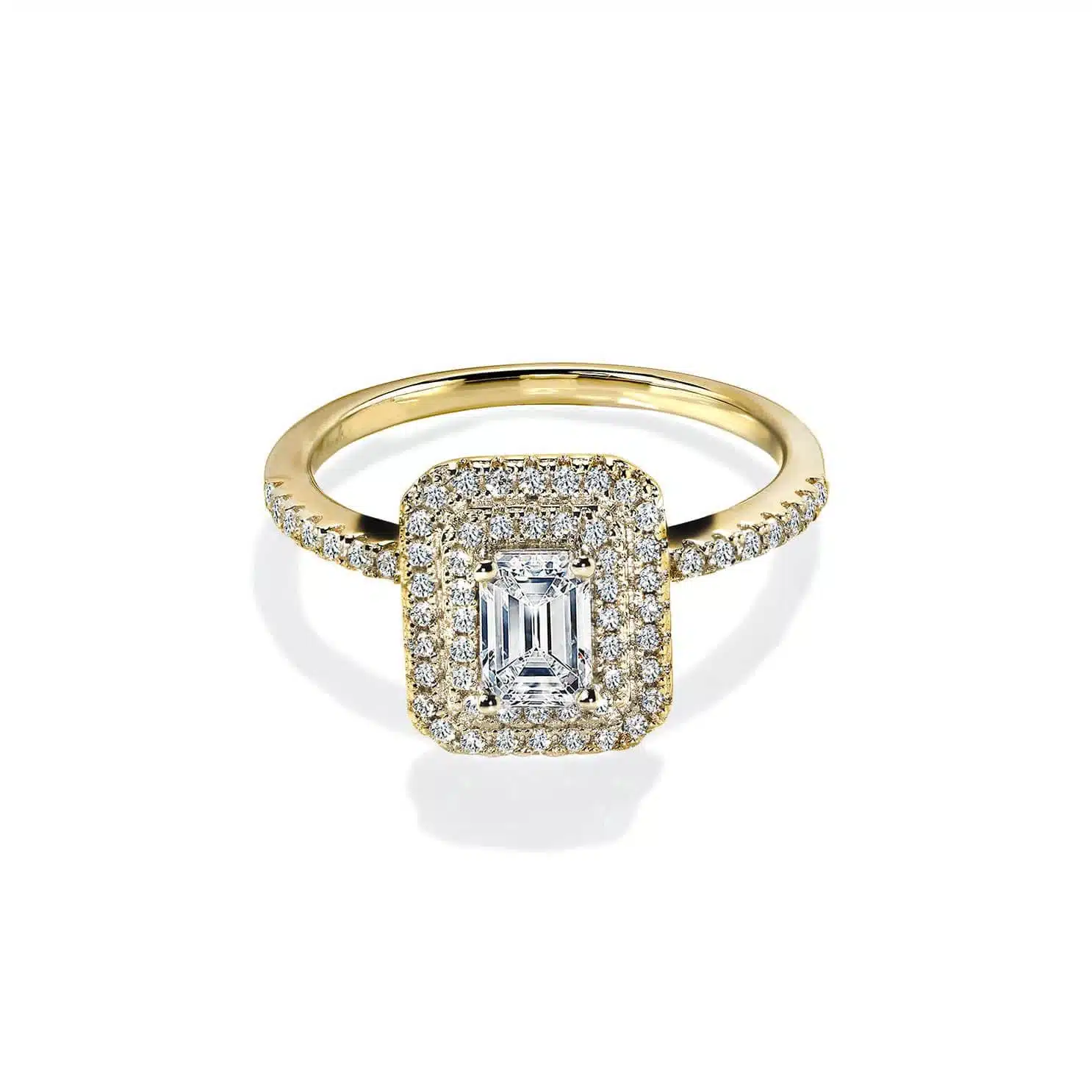 Bloom Emerald Safir Guld Forlovelsesring Med Dobbelt Diamant Halo