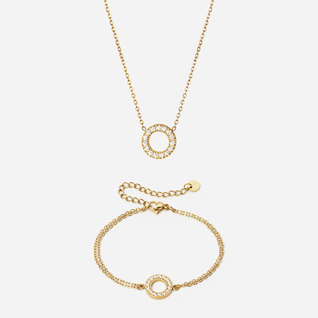 Circle Zirkon Halskæde 12mm  Armbånd 12mm 18k Guldbelagt