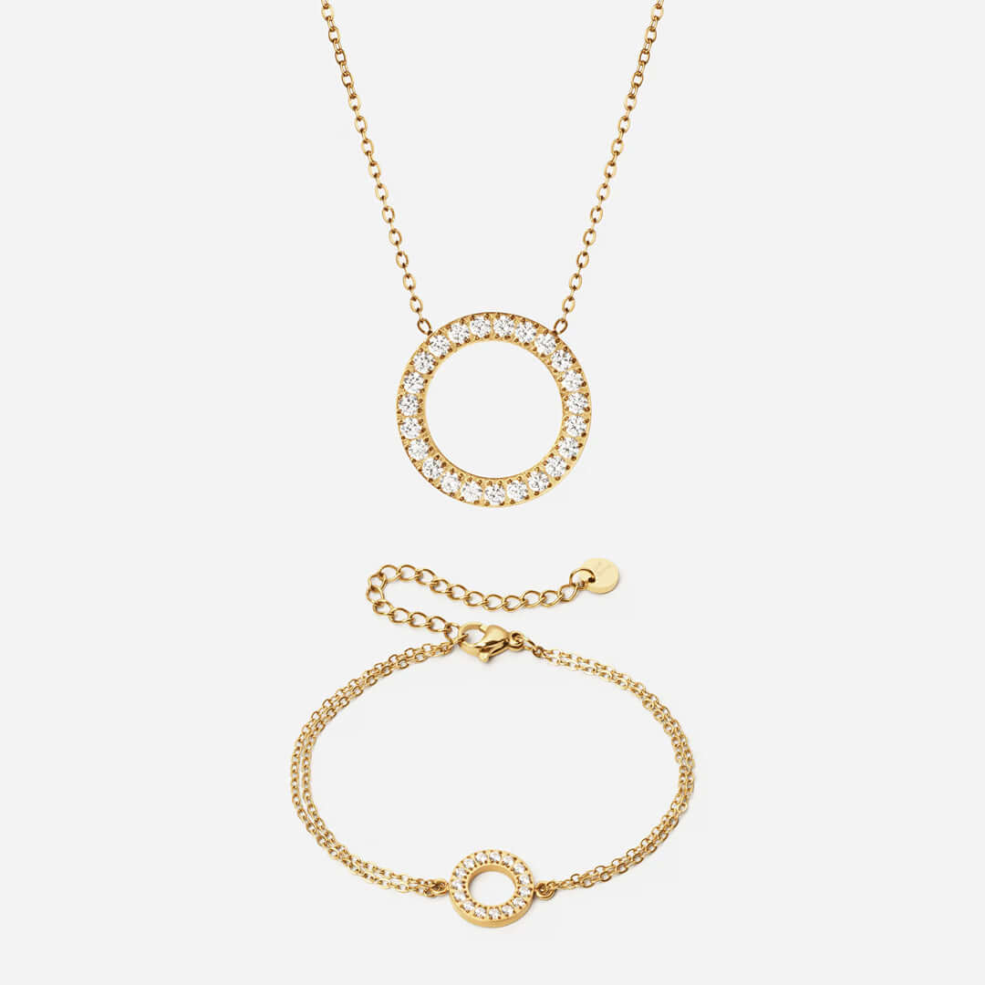 Circle Zirkon Halskæde 20mm   Armbånd 12mm 18k Guldbelagt