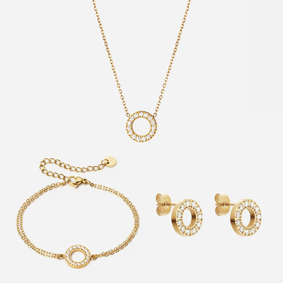 Circle Zirkon Halskæde 12mm   Armbånd 12mm   øreringe 10mm 18k Guldbelagt