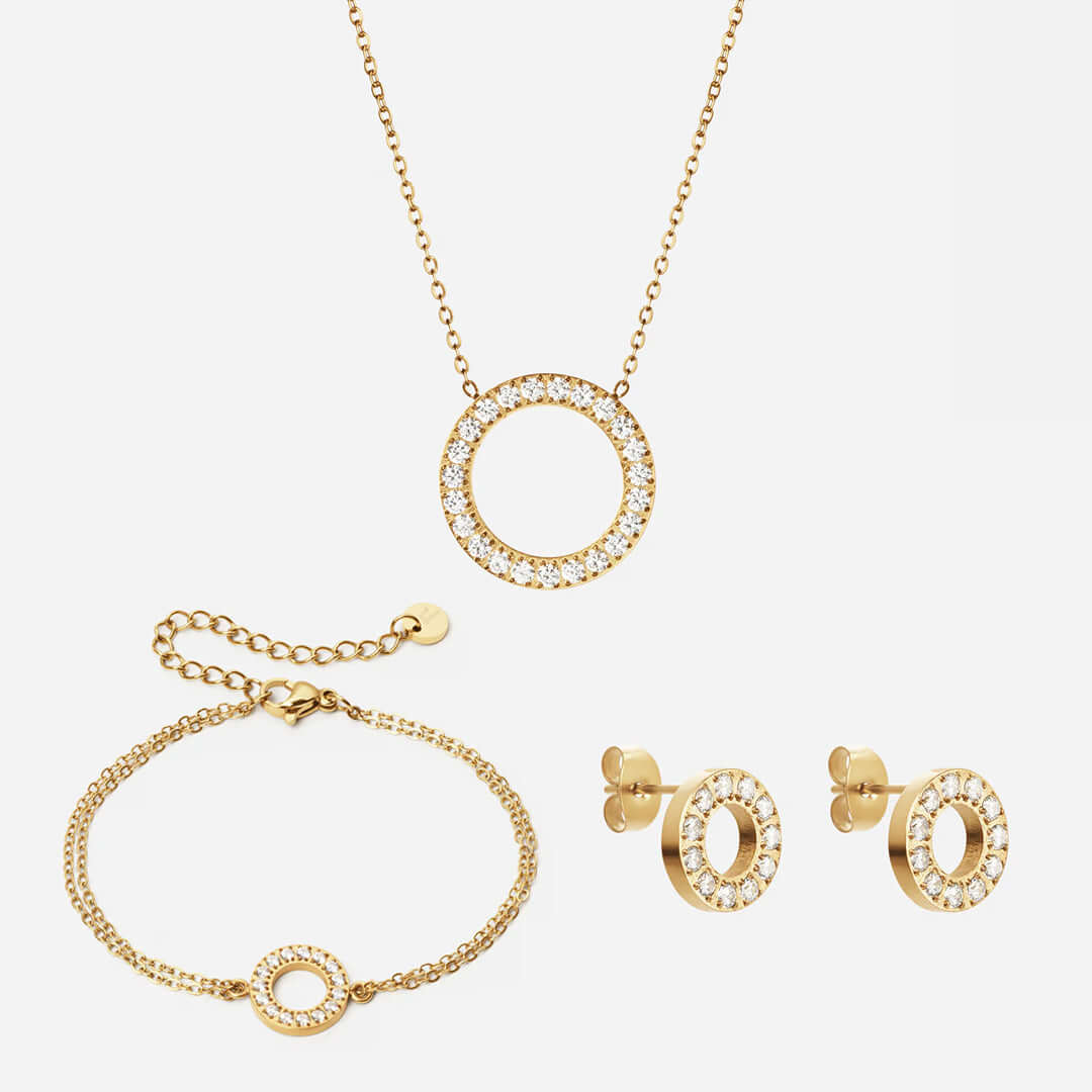 Circle Zirkon Halskæde 20mm  Armbånd 12mm   øreringe 10mm 18k Guldbelagt