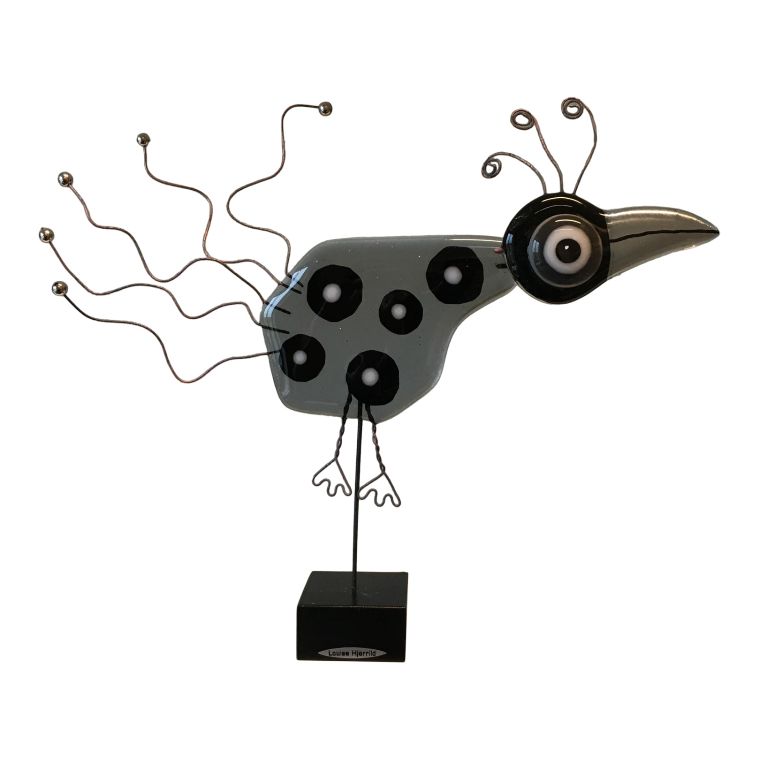 Glasfugl Med Dots Sort Og Grå  Højde Ca  14 Cm  Håndlavet Glasfigur  Gaveide Med Hurtig Levering