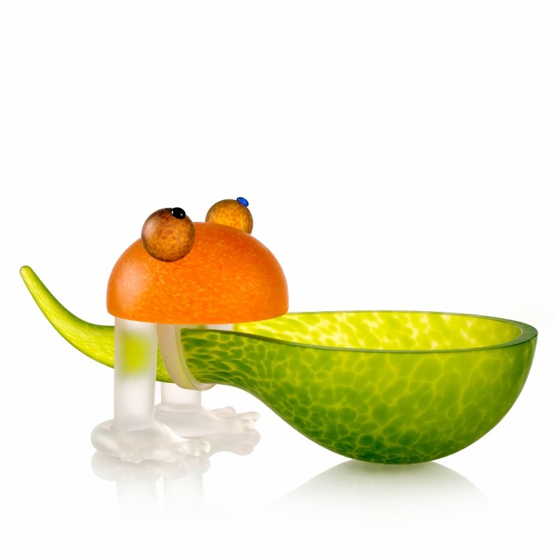 Glaskunst Frø Skål   Limegrøn Og Orange  Længde 33 Cm  Fantastisk Smuk Til Pynt På Bordet Fra Talentfulde Borowski