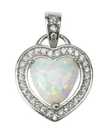 Hjerte Sølv Smykke Halskæde Vedhæng Med Hvid Sne Opal Sten  925 Sterling Sølv  Zirkonia   Rhodium Belægning