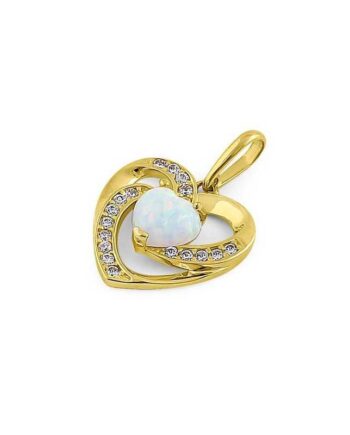Hjerte Solid 14k Guldsmykke Vedhæng Med Hvid Opal Sten Og Zirkonia