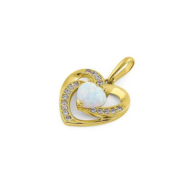 Hjerte Solid 14k Guldsmykke Vedhæng Med Hvid Opal Sten Og Zirkonia