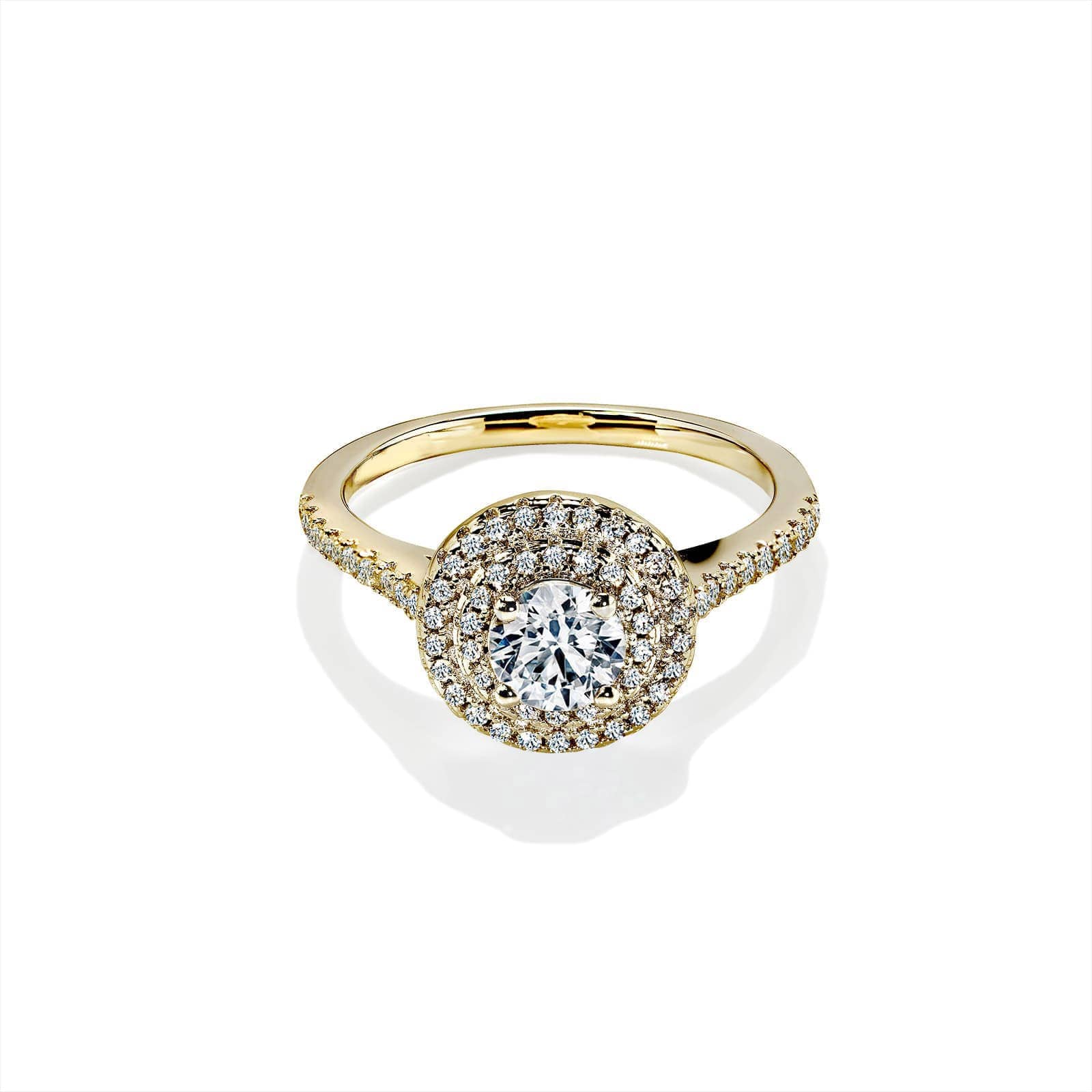 Isadora Rund Safir Forlovelsesring Med Dobbelt Diamant Halo Guld