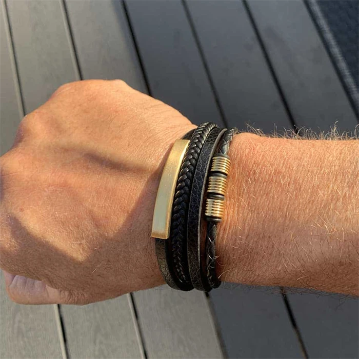 Kalaz Gold Armbånd   Læder Og Stål