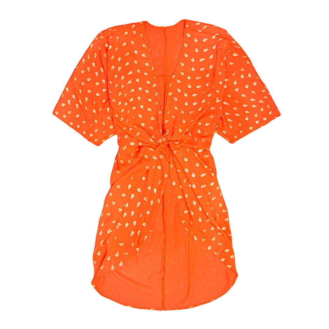 Kimono   Blodappelsin Farve  Breeze Med Fjerprint   Guld Onesize