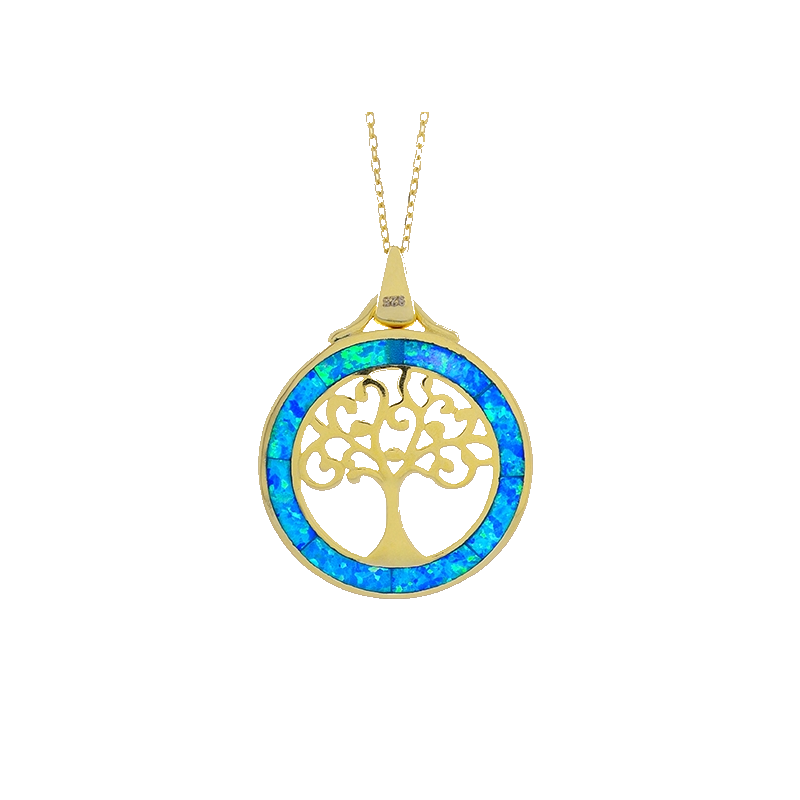 Livets Træ Opal Livets Træ Smykke Halskæde Vedhæng Med Blå Opal Sten  925 Sterling Sølv   Rhodium Belægning