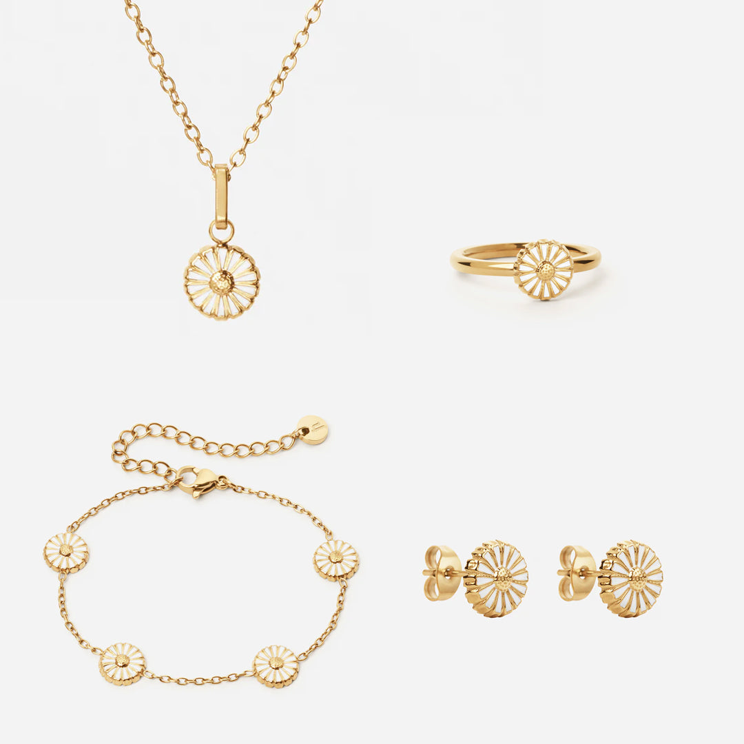 Marguerit Halskæde   Armbånd   øreringe   Ring 18k Guldbelagt 8mm