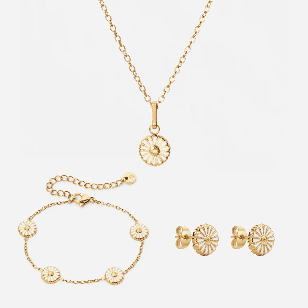Marguerit Halskæde   øreringe   Armbånd 18k Guldbelagt 8mm