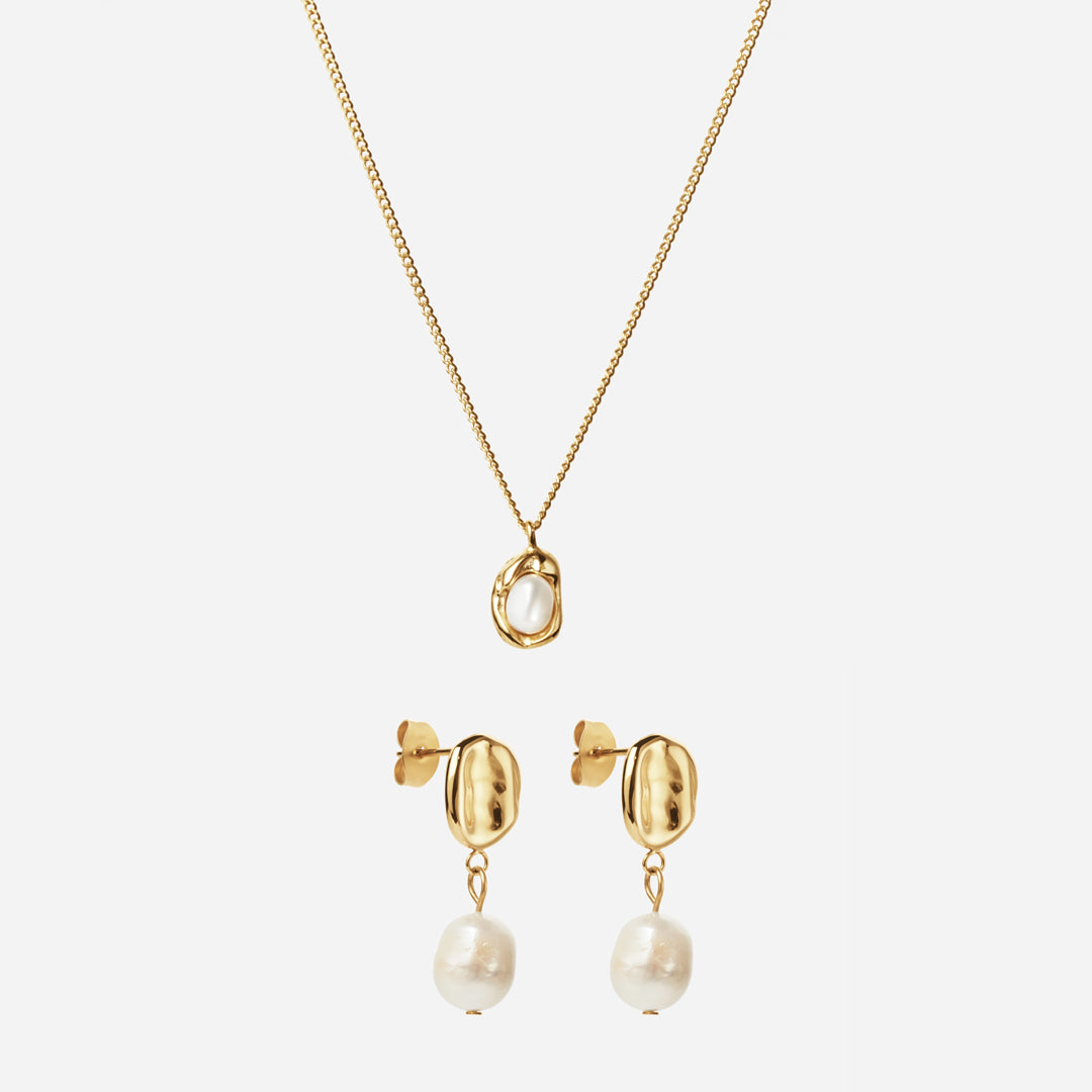 Melted Perlehalskæde   Melted Drop Perleøreringe 18k Guldelagt