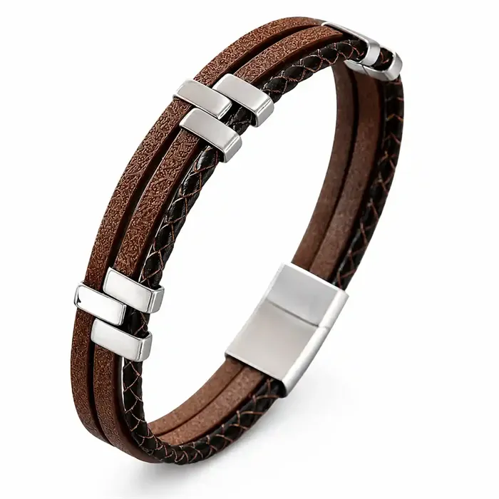 Milano Fusion Brown   Læderarmbånd Med  Rustfrit Stål