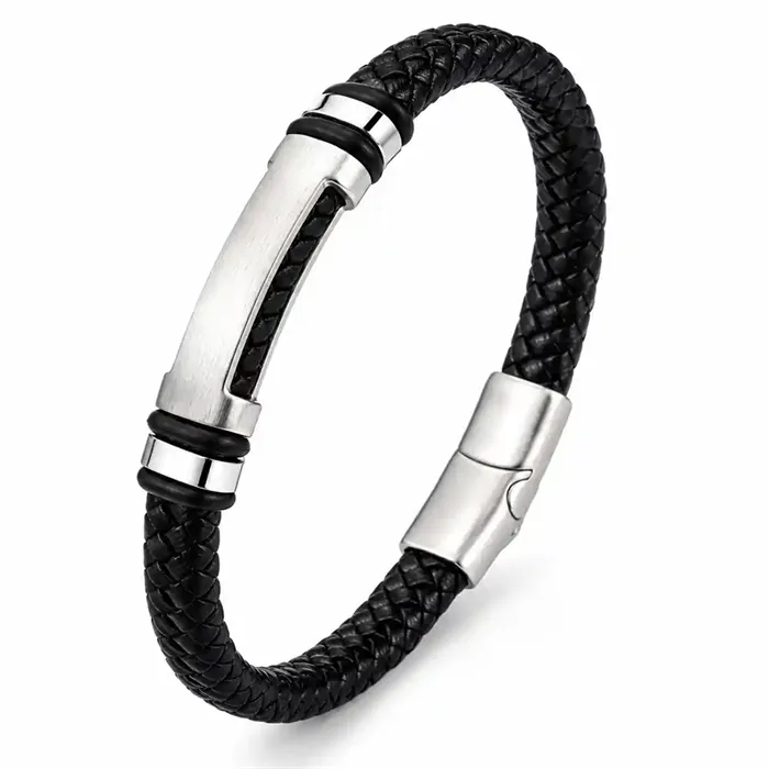 Nordic Edga Læderarmbånd   Sort Og Børstet Stål