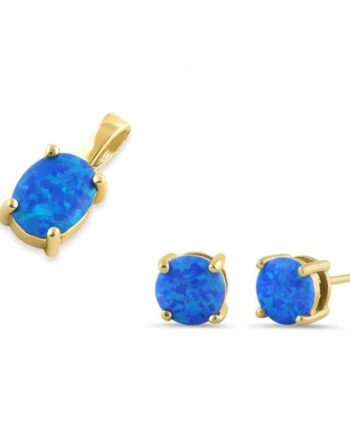 Oval Opal Smykkesæt Med øreringe Og Vedhæng Med Blå Opal Sten  925 Sterling Sølv   Guldbelægning