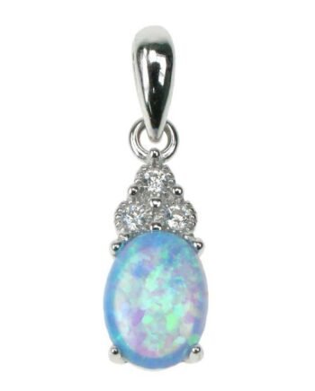 Oval Sølv Smykke Halskæde Vedhæng Med Blå Opal Sten  925 Sterling Sølv  Zirkonia   Rhodium Belægning