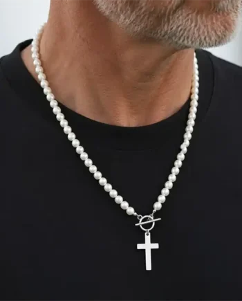 Pearl Cross Necklace   Perlekæde Til Mænd   Rustfrit Stål