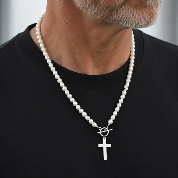 Pearl Cross Necklace Perlekæde Til Mænd Rustfrit Stål