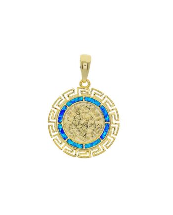 Phaistos Disc   Gaia Smykke Vedhæng Med Blå Opal Sten  925 Sterling Sølv   Guldbelægning