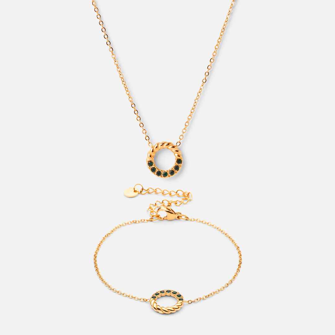 Twisted Green Zirkon Halskæde   Armbånd 18k Guldbelagt
