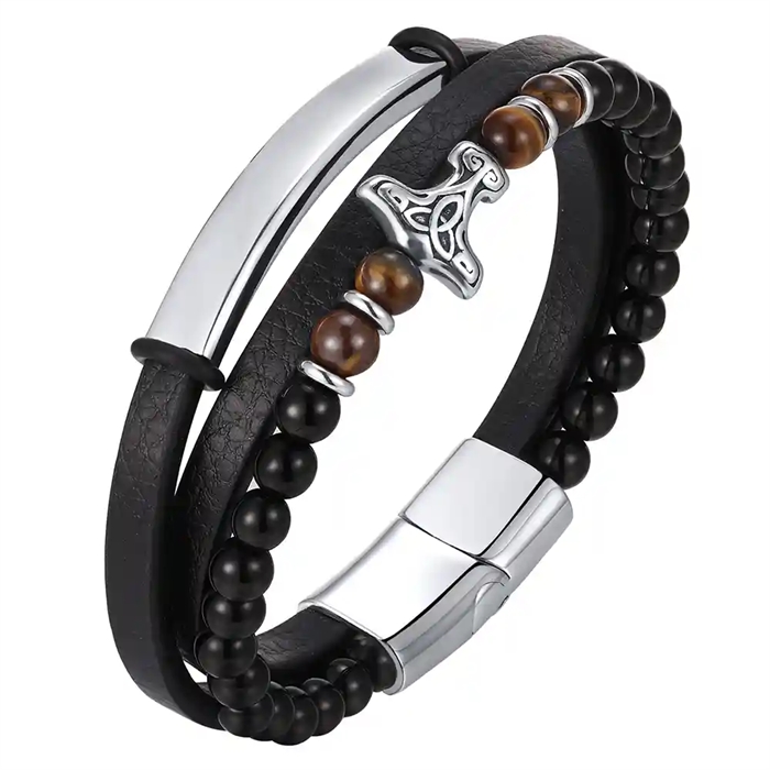 Viking Spirit Armbånd   Sort Læder   Tiger Eye Perler