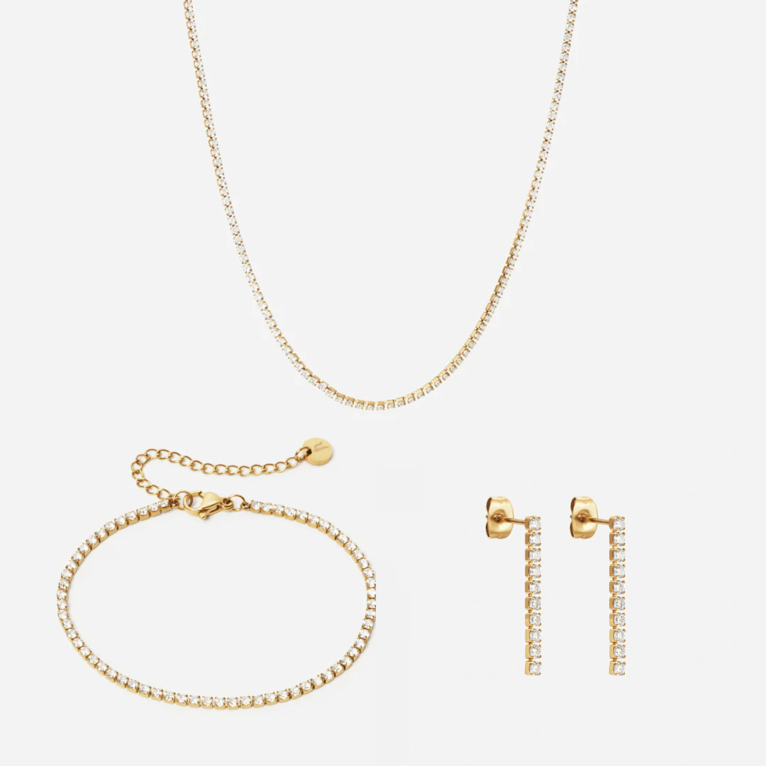 Zirkon Tennisarmbånd   Halskæde   øreringe 24mm 18k Guldbelagt